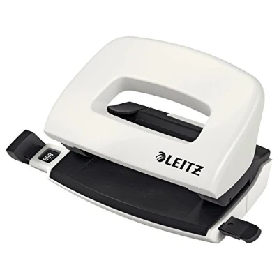 Abbildung von Leitz Mini Locher aus Metall, kleiner für 10 Blatt, Anschlagschiene mit Formatangaben, Ergonomisches Design, weiß, WOW Serie, 50601001