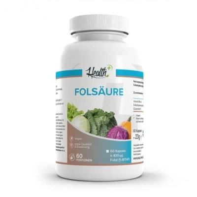 Abbildung von Health+ Folsäure 60 Kapseln Mit Premium Wirkstoff Quatrefolic® SCHWANGERSCHAFT &amp; IMMUNSYSTEM trägt zu normalen Funktion des Immunsystems und der Verringerung von Müdigkeit bei, Made in Germany