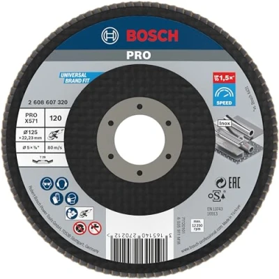 Abbildung von Bosch 1x PRO Metal X571 Flap Disc Angled Version Fiber for Small Angle Grinders (for steel, Stainless Ø 125 mm, Grit 120, Professional Accessory Grinder)