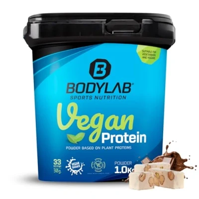 Abbildung von Bodylab24 Vegan Protein Schokolade Nougat 1000g, 100% veganes Proteinpulver aus Ackerbohnen, Erbsen und Kürbiskernprotein, mit 80g Eiweiß je 100g Pulver, ideal für den Muskelaufbau erhalt