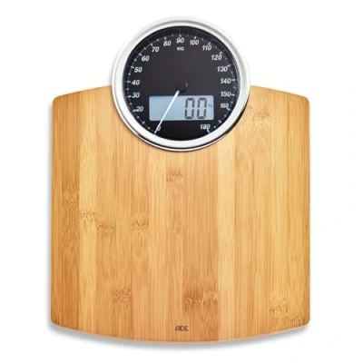 Abbildung von ADE Digitale Körperwaage mit analoger Anzeige großes Display sehr genaue Ergebnisse bis 180 kg Wiegefläche aus echtem Bambusholz