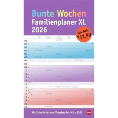 Abbildung von Bunte Wochen Familienplaner XL 2026: Familienkalender mit 6 Spalten. Praktischer Familien Wandkalender Schulferien. Extra breiter Terminkalender. (Familienplaner Heye)