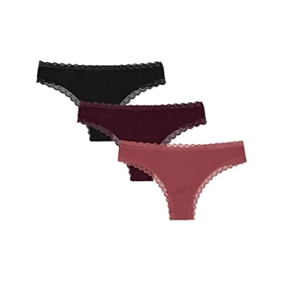 Abbildung von Snocks Tanga Damen mit Spitze aus Bio Baumwolle 3er Pack String Klassisches Design Angenehmes Tragegefühl ohne Einschneiden Unsichtbare Unterwäsche Mauve/Weinrot/Schwarz L
