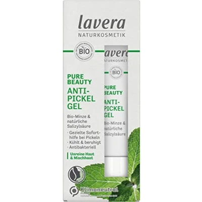 Abbildung von Lavera PURE BEAUTY Anti Pickel Gel vegan Naturkosmetik Kühlt und beruhigt sofort Bio Minze natürlicher Salizylsäure Klimaneutral ohne Konservierungsstoffe Parabene 15 ml
