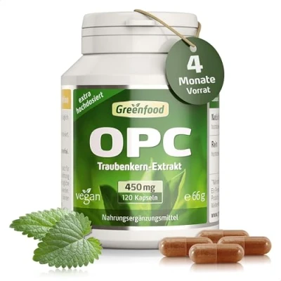 Abbildung von Greenfood OPC Traubenkernextrakt hochdosiert 450 mg , 120 Kapseln, vegan