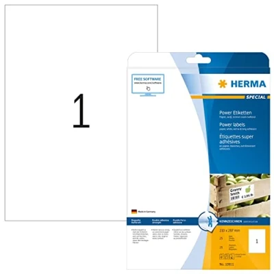 Abbildung von HERMA 10911 Power Etiketten, 25 Blatt, 210 x 297 mm, 1 pro A4 Bogen, Stück, selbstklebend, bedruckbar, extrem stark haftend, blanko Papier Klebeetiketten Aufkleber, weiß