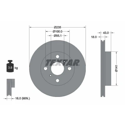 Abbildung von TEXTAR PRO 92103603 Bremsscheibe 235 18 04/06 100 innenbelüftet beschichtet ohne Radbefestigungsbolzen, Radnabe TOYOTA: Yaris III Hatchback