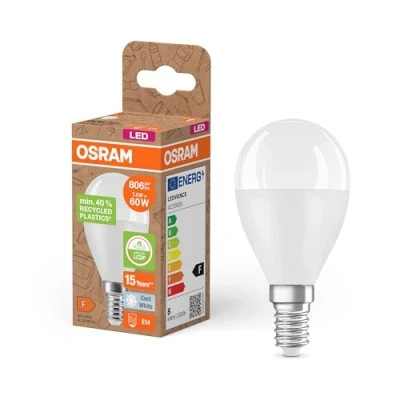 Abbildung von Osram LED STAR CLASSIC P 60 FR Lampe, E14, klassische Miniballform, weiß, 7,5W, 806lm, 4000K, kaltweißes Licht, sehr geringer Energieverbrauch, mit recyceltem Kunststoff, 6 Pack