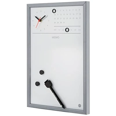 Abbildung von Bi Office CG0117152 Magnettafel mit integrierter Uhr und fortlaufendem Kalender, MDF Rahmen, lackierter Stahl, 30 x 45 cm, grau