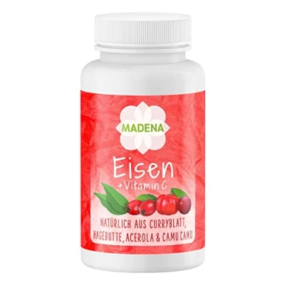 Abbildung von MADENA Eisen mit Vitamin C, natürliches hochdosiert 14mg aus Curryblatt und 3 verschiedene C Quellen 80mg, Hagebutte, Acerola Camu Camu, 120 Kapseln