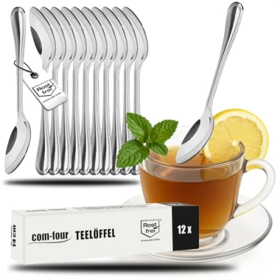 Abbildung von COM FOUR® 12x Teelöffel aus rostfreiem Stahl stilvolles Tafelbesteck im schlichten Design Kaffeelöffel Dessertlöffel Teeservice 14 cm (12 Stück 14cm)