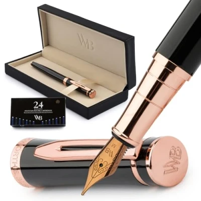 Abbildung von Wordsworth&amp;Black Füllfederhalter Set,18 K vergoldete Mittlere Feder,inkl. 24er Pack Tintenpatronen,Tintennachfüllkonverter und Gechenkbox,Gold Finish,[Schwarzes Roségold],Perfekt für Männer Fraun