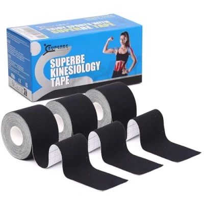Abbildung von SUPERBE Kinesio Tape und Physio (Packung mit 3 Rollen), kinesiologisches für Leichtathletik, zur Schmerzlinderung, Genesung Physiotherapie, 5 cm x m (Schwarz)