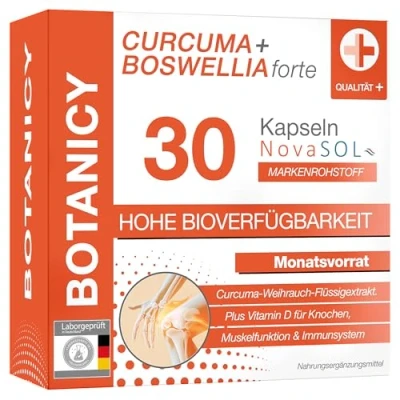 Abbildung von BOTANICY Curcuma + Boswellia forte 30 Kurkuma Weihrauch Kapseln mit Markenrohstoff NovaSOL Plus Vitamin D3 für Knochen &amp; Muskeln Hohe Bioverfügbarkeit, Hochdosiert