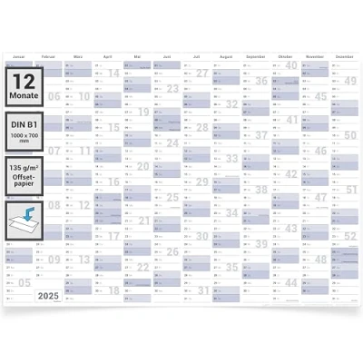 Abbildung von Gigatime Din B1 Wandkalender 2025 Jahresplaner 100 x 70 cm groß Kalender in deutscher Sprache, gefalteter Wandplaner, Jahreskalender, xxl