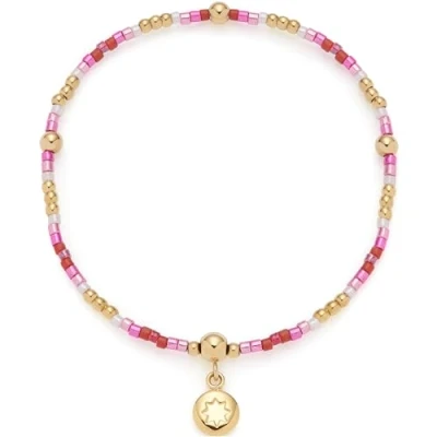 Abbildung von Leonardo Jewels Armband Ciao Solea, elastischer Arm Schmuck aus zylinderförmigen Glasperlen in rosa/pink und goldfarbenen Edelstahl Kügelchen, 19 cm Länge, personalisierbarer Anhänger, 023915