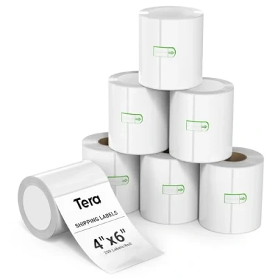 Abbildung von Tera Shipping Label Versandetiketten 100 x 150 mm, 250 Labels 6 Rollen = 1500 für Verschiedene Drucker BPA Frei Selbstklebend Adressetiketten mit Gratis Etiketten Zerbrechliche Waren…