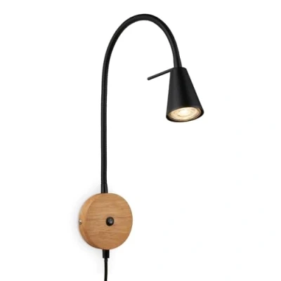 Abbildung von BRILONER Leselampe, Wandleuchte Innen, LED Lampe, Wandlampe Schwenkbar, Schalter, Steckdosenlampe, Schwarz Holz, FSC