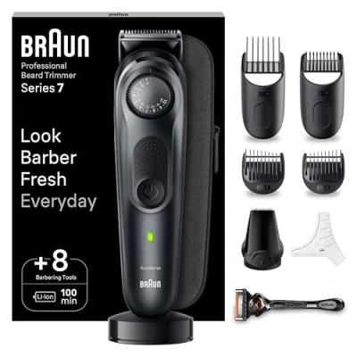 Abbildung von Braun Barttrimmer, Bartschneider/Trimmer/Haarschneider Herren, Haarschneidemaschine Profi, 40 Einstellungen, Ladestation, Reiseetui, Bartschablone, 100 Min. kabellose Laufzeit, BT7441