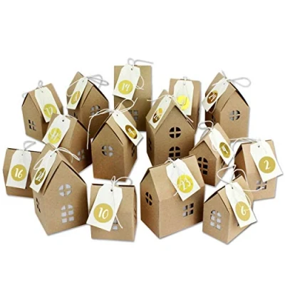 Abbildung von Papierdrachen Adventskalender zum Basteln und Befüllen Häuser Set mit goldenen Zahlenaufklebern 24 naturbraune Schachteln aus 400g/m² Karton Boxen Weihnachtsdorf wiederverwendbar