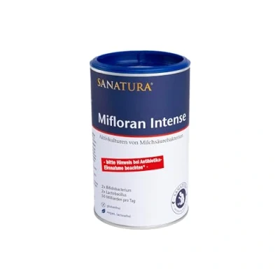 Abbildung von Sanatura Mifloran Intense 200 g hochdosierte Milchsäurebakterien 50 Mrd KBE pro Tagesdosis Darmflora Aufbau während und nach Antibiotika vegan laktosefrei