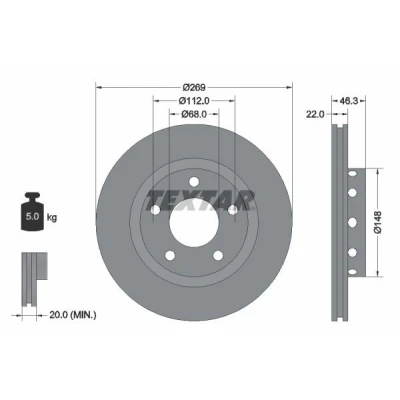 Abbildung von TEXTAR 92098400 Bremsscheibe 269 22 05/05 112 außenbelüftet ohne Radbefestigungsbolzen, Radnabe AUDI: A8 D3, D2