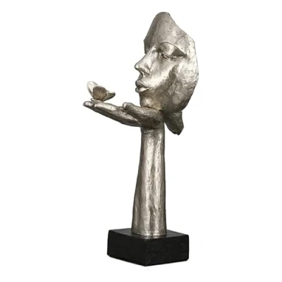 Abbildung von Casablanca Skulptur Figur Frau mit Schmetterling Desire antik silberfarben Höhe 34 cm Spruch