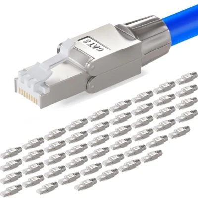 Abbildung von HB DIGITAL 48x CAT 8 RJ45 Stecker Netzwerkstecker für starre LAN Kabel Verlegekabel Ethernet werkzeuglos LSA 40 Gbit/s AWG 22 26 vollgeschirmt STP 50μ vergoldete Kontakte