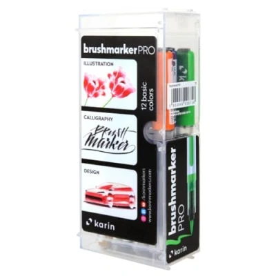 Abbildung von KARIN Brushmarker Pro 12 Basic Colours Set Stück transparenter Körper mit Ink Free System, 2, 4 ml Flüssiger Farbe. Kein Filzstiftmarker