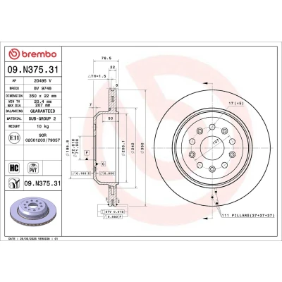 Abbildung von BREMBO Bremsscheibe JEEP: Gladiator 350mm 22mm 5 innenbelüftet beschichtet hochgekohlt 09.N375.31 Bremsscheiben, Scheibenbremsen