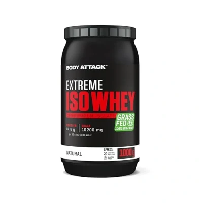 Abbildung von Body Attack Extreme Iso Whey, Neutral, 1 kg, CFM Whey Protein Isolat aus 100% irischer Weidemilch, glutenfrei, reich an EAAs, perfekt löslich, fettarm, ohne Aspartam, 90,6% Anteil