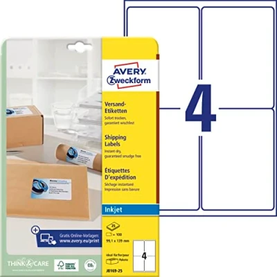 Abbildung von AVERY Zweckform J8169 25 Versandetiketten/Versandaufkleber (100 Etiketten, 99,1x139mm auf A4, bedruckbar, selbstklebend, für Inkjet Drucker, Pakete und Päckchen) Blatt, weiß