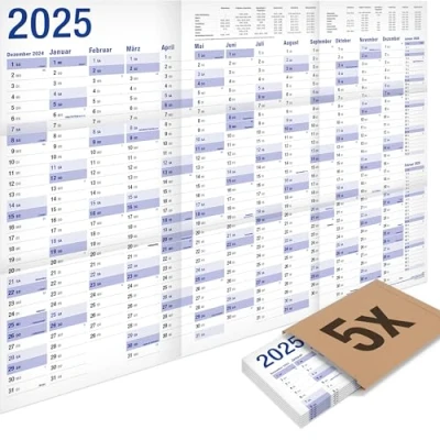 Abbildung von 5er Pack: Yohmoe® XXL Jahresplaner 2025 Wandkalender (98 x 68 cm) GEFALZT in Poster Größe. Querformat, gefaltet Wandplaner, Jahreskalender, Plakatkalender.
