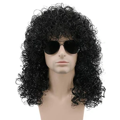 Abbildung von karlery 70er 80er Jahre Rocker Vokuhila Afro Perücke Herren Lang Lockige Schwarz Männer Kostüm