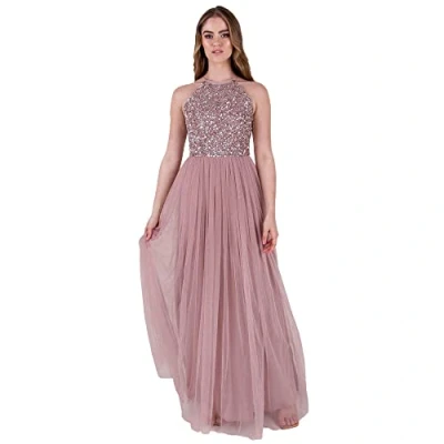 Abbildung von Maya Deluxe Damen Frosted Embellished Halter Neck Pink Maxi Bridesmaid Dress, Pink, 34 EU (Herstellergröße: 6)