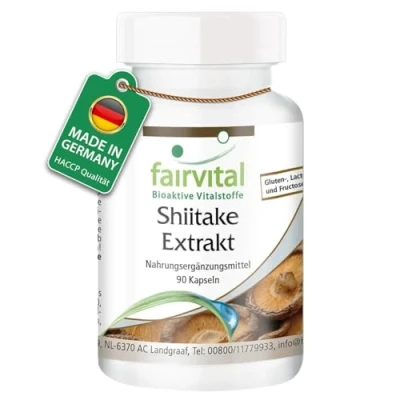 Abbildung von Fairvital Shiitake Extrakt 90 Kapseln HOCHDOSIERT 500mg pro Kapsel Lentinula edodes 30% Polysaccharide VEGAN