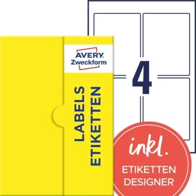 Abbildung von AVERY Zweckform P3460 100 Universal Etiketten (400 Klebeetiketten, 90x120mm A4, Papier matt, bedruckbare Produktetiketten, selbstklebende Marmeladenetiketten, individuelle Aufkleber) Blatt, weiß