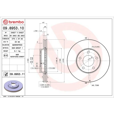 Abbildung von BREMBO COATED DISC LINE 09.8953.11 Bremsscheibe 278 24 5 innenbelüftet beschichtet
