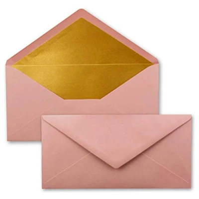 Abbildung von 75 Brief Umschläge DIN Lang Altrosa (Rosa) mit Gold Metallic Innen Futter 110 x 220 mm Nassklebung festliche Kuverts für Weihnachten