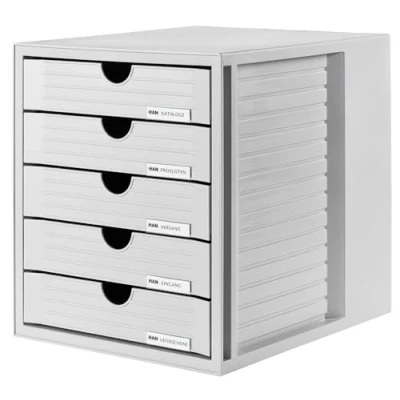 Abbildung von HAN Schubladenbox SYSTEMBOX mit 5 geschlossenen Schubladen für Unterlagen bis DIN C4, Schreibtisch oder im Schrank, inkl. Auszugsperre + Beschriftungsclip, möbelschonende Gummifüße, 1450 11, lichtgrau