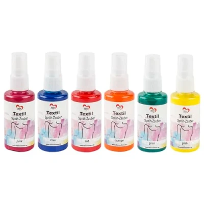 Abbildung von Ideen mit Herz Textil Sprühfarbe, 6x 50ml, 6 Farben Hochpigmentierte höchster Brillanz für helle Textilien Auf Wasserbasis (Sprüh Zauber 1 pink, blau, rot, orange, grün, gelb)