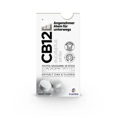 Abbildung von CB12 Boost Eucalyptus White Kaugummi zuckerfreies zahnaufhellendes Kaugummi, gegen Mundgeruch, sofortige Frische unterwegs, Eukalyptusgeschmack 10 Stück