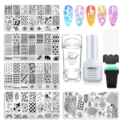 Abbildung von AIMEILI Nail Art Plates Nagelstempel Maniküre Tool Kit 5Pcs Nagel Stamping Schablonen, 2 Stempel, Schaber, 1 Latex Peel Off Tape