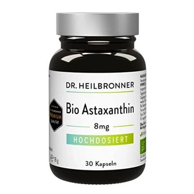 Abbildung von Dr. Heilbronner Bio Astaxanthin 8mg Kapseln hochdosiert in der Glasflasche I Antioxidantien aus Vitalalge Haematococcus Pluvialis Supplements Carotinoide vegan glutenfrei &amp; lactosefrei