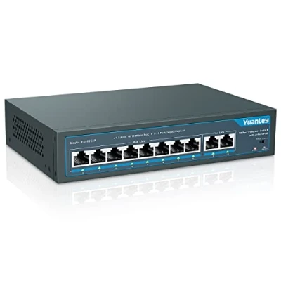 Abbildung von YuanLey 10 Port PoE Switch, 8 100Mbps, 2 Uplink Gigabit, 120W 802.3af/at, Erweitern Sie die Funktion, Metal Fanless Plug and Play