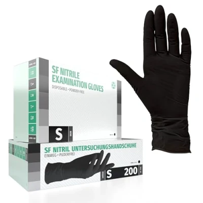 Abbildung von Nitrilhandschuhe 200 Stück Box (S, Schwarz) Einweghandschuhe, Einmalhandschuhe, Untersuchungshandschuhe, Nitril Handschuhe, puderfrei, ohne Latex, unsteril, latexfrei, disposible gloves, black