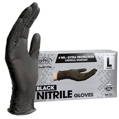 Abbildung von ForPro Einweg Nitrilhandschuhe, chemikalienbeständig, puderfrei, latexfrei, unsteril, lebensmittelecht, 4 mil, schwarz, groß, 100 Stück