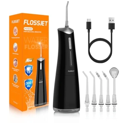 Abbildung von FlossJet Munddusche Kabellos Tragbare IPX7 Wasserdichte Elektrische Mundduschen mit 4 Modi 5 Düsen Zahnreinigung und Zahnfleischpflege 300ml Wassertank water flosser USB C Laden Effektive Mundhygiene