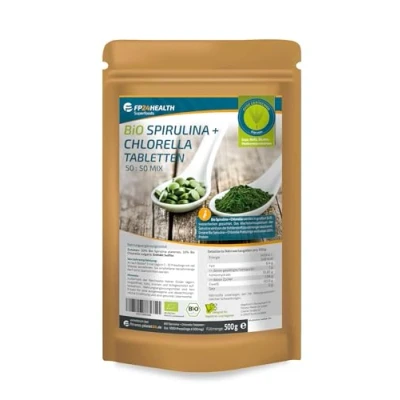 Abbildung von FP24 Health Bio Spirulina + Chlorella 1000 Tabletten 500g 500mg pro Tablette Plantensis und Vulgaris Algen Hochdosiert Presslinge Top Qualität