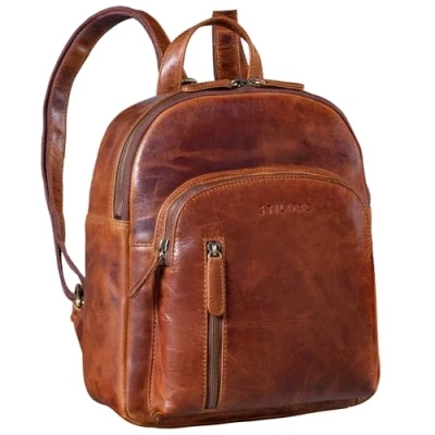 Abbildung von STILORD &#039;Summer&#039; Daypack Frauen Leder Rucksack Kleiner Tagesrucksack Cityrucksack Vintage Stadtrucksack Elegant und Modern Rucksäcke Damen Echtleder, Farbe:kara cognac